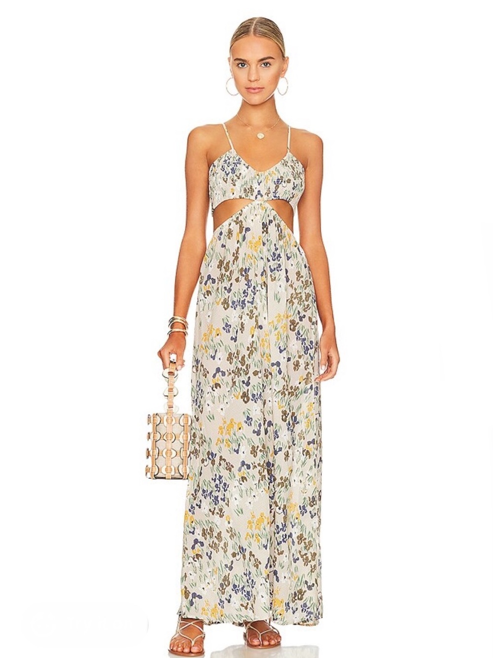 Revolve brand INDAH Innocence Cutaway Maxi Dress in Lejardin, Small